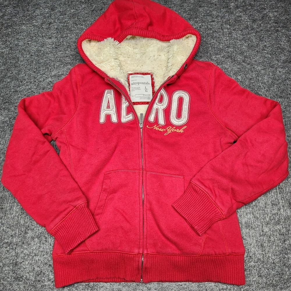 Aeropostale Aero Womens Y2K Fuzzy Faux Fur Sherpa Lined Zip Up Hoodie Large Red